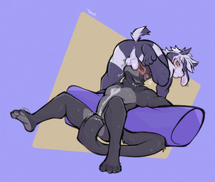 anthro anus balls blush butt deep_throat duo feet genitals intersex intersex/male male neck_bulge oral oral_penetration penetration perineum struggling top_hole tohfu gen_(genpai) spiritpaw bovid caprine goat haplorhine mammal monkey primate hi_res nonbinary_(lore)