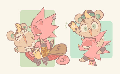 >_< alternative_fashion anthro blonde_hair blue_eyes cellphone chibi choker clothing duo electronics eyes_closed eyewear freckles goth hair hat headgear headwear jewelry male male/male necklace phone piercing red_body red_scales scales smartphone sunglasses kyrakupetsky animal_crossing nintendo c.j._(animal_crossing) flick_(animal_crossing) beaver chameleon lizard mammal reptile rodent scalie hi_res