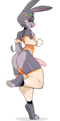 4_fingers anthro armwear ball_bulge big_penis black_eyebrows buckteeth butt clothing erection eyebrows femboy fingers fur genitals glans grey_body grey_fur half-closed_eyes humanoid_genitalia humanoid_penis legwear leotard long_ears looking_back male narrowed_eyes on_one_leg open_mouth orange_clothing orange_leotard penis pink_nose pink_penis rear_view simple_background small_tail solo standing tail teeth toony white_armwear white_background white_clothing white_legwear neceet looney_tunes warner_brothers bugs_bunny lagomorph leporid mammal rabbit 2026 absurd_res digital_media_(artwork) english_description hi_res