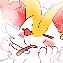 :3 ambiguous_anthro ambiguous_gender anthro biped blush blush_stickers cutlery dutch_angle eating eating_food eyes_closed food_on_face front_view hand_on_cheek kitchen_utensils snout solo spoon spoon_in_mouth tools annyui0611 nintendo pokemon braixen canid generation_6_pokemon mammal pokemon_(species) 1:1 2023 digital_drawing_(artwork) digital_media_(artwork) headshot_portrait hi_res japanese_description portrait translated_description