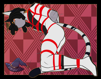 angry bdsm blush bondage boots bound clothing footwear gag male on_ground rope shoes skinsuit submissive submissive_male superhero tape tape_gag taped_hands tight_clothing trevhart felid feline mammal pantherine tiger hi_res
