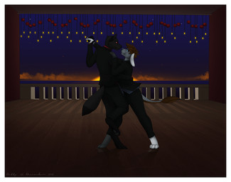 anthro black_body black_fur blue_eyes border brown_hair dancing duo fur hair male pawpads paws red_eyes romantic romantic_ambiance romantic_couple sunset white_border detts canid canine lagomorph leporid mammal rabbit 2013