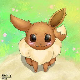 :3 ambiguous_gender blush brown_body brown_eyes feral fur looking_at_viewer outside sitting solo tuft jackiewolf-6734 nintendo pokemon canid canine eevee generation_1_pokemon mammal pokemon_(species)