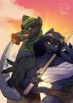 anthro bandage beach big_breasts black_body black_fur black_hair bottomwear breasts clothed clothing duo female fur green_markings green_pawpads green_sclera green_stripes grin hair long_hair looking_at_another looking_at_viewer male male/female markings melee_weapon open_mouth pawpads shorts simple_background skirt smile staff stripes sword tail teeth tongue topwear weapon yellow_eyes conditional_dnp nikoyishi efra_(nikoyishi) laski felid mammal pantherine 2025 digital_media_(artwork) hi_res shaded signature