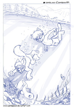 anthro bottomwear bubble clothed clothing diving eyewear goggles group hair logo male male_anthro messy_hair mouth_closed open_mouth open_smile pants plant rock short_hair shorts smile tail topless tree trio young young_anthro young_male pandapaco canid canine felid fish mammal marine absurd_res artist_logo hi_res monochrome signature sketch