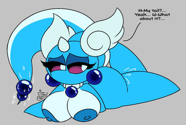 anthro anthrofied big_breasts blue_body blue_nipples bodily_fluids breasts butt dialogue eyelashes female gem genital_fluids grey_background jewelry looking_at_viewer lying mouthless necklace nipples nude nude_anthro nude_female on_front pearl_(gem) pearl_necklace pokemorph purple_eyes simple_background solo tail text thick_thighs vaginal_fluids wet_tail wide_hips crystalstic nintendo pokemon dragonair generation_1_pokemon pokemon_(species) 2025 digital_media_(artwork) english_text