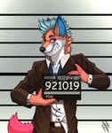 anthro blue_body blue_fur blue_hair brown_body brown_fur clothing fur green_eyes grey_body grey_fur hair male mohawk orange_body orange_fur prison red_body red_fur red_tail solo suit tail teeth white_body white_fur kobi_seika dreamworks the_bad_guys anderfox canid canine fox mammal red_fox true_fox hi_res