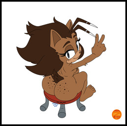 anthro big_butt breasts butt feet female fingers freckled_butt freckled_face freckled_shoulders freckles fur furniture gesture hair hand_gesture looking_at_viewer looking_back nipples nude simple_background sitting sitting_on_stool smile solo stool stool_cracking tail toes v_sign zeta_r-02 sega sonic_the_hedgehog_(series) fan_character mila_thornmier mammal porcupine rodent digital_media_(artwork) hi_res