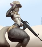 anthro armwear assault_rifle big_butt black_nose bottomwear brown_body brown_eyes brown_fur brown_hair butt camo camo_print chest_tuft claws clothed clothing dipstick_tail femboy finger_claws fishnet_armwear fishnet_clothing fishnet_legwear fluffy fluffy_tail forked_tongue fur gesture grey_body grey_fur gun hair hat headgear headwear holding_gun holding_object holding_ranged_weapon holding_weapon hotpants kerchief legwear looking_at_viewer m16 male markings multicolored_tail purple_claws purple_tongue ranged_weapon rifle salute shorts smile solo tail tail_markings tan_bottomwear tan_clothing tan_hat tan_headwear tan_kerchief tan_shorts thick_thighs tongue tongue_out topless tuft weapon mr-shin flak_(foxyflak) canid canine fox mammal 2021 hi_res