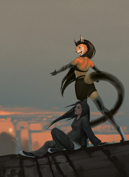 anthro duo female female/female latex rooftop sunset conditional_dnp royz alyx_(latex) canid canine canis domestic_cat felid feline felis human hybrid lynx mammal wolf hi_res
