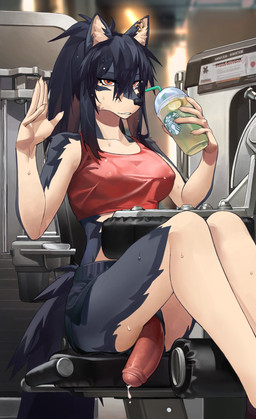 anthro beverage biped black_body black_fur black_hair bodily_fluids bottomwear bra breasts clothed clothing countershading dolphin_shorts erection foreskin fur genital_fluids genitals grey_body grey_fur gym gynomorph hair holding_beverage holding_object humanoid_genitalia humanoid_penis inside intersex midriff orange_eyes penis penis_poking_out penis_through_leghole precum shorts smile solo sports_bra sweat underwear white_body white_fur telson starbucks canid canine canis mammal wolf 2022 digital_media_(artwork) hi_res