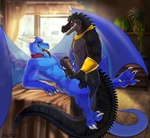 absurd_res anthro armor bed black_body black_penis black_sclera black_tongue blue_body bracers branded collar crocodile crocodilian crocodylid dragon duo frottage furniture genitals handjob hi_res horn humanoid_genitalia humanoid_penis kemet_(levarath) male male/male mythological_creature mythological_scalie mythology penile penis red_eyes reptile scalie sex spines tail tongue tongue_out twitch_(twitch) wings yaoifairy
