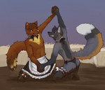 anthro blush clothing duo eye_contact fur hair leg_warmers legwear looking_at_another maid_apron maid_collar male male/male mud mud_fight mud_pit multicolored_body multicolored_fur thong underwear wrestling banoncat canid canine fox mammal 2021 hi_res