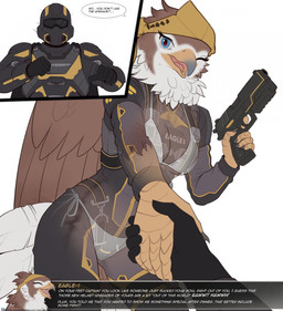 anthro armor beak blue_eyes bra brown_body brown_feathers clothing dialogue duo feathered_wings feathers female female_anthro gesture gun handgun handshake headgear helmet holding_gun holding_handgun holding_object holding_pistol holding_ranged_weapon holding_weapon human_on_anthro interspecies looking_at_viewer machine male neck_tuft one_eye_closed panties pistol power_armor ranged_weapon text translucent translucent_clothing tuft underwear weapon wings wink winking_at_viewer x-ray_view quangdoann helldivers helldiver accipitrid accipitriform avian bird eagle human mammal english_text hi_res