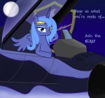 air_force aircraft airplane blue_body blue_feathers blue_hair cockpit emblem eyewear feathered_wings feathers female goggles hair horn jet long_hair looking_at_viewer moon new_lunar_republic propaganda solo text vehicle wings spitshy friendship_is_magic hasbro my_little_pony mythology princess_luna_(mlp) equid equine mammal mythological_creature mythological_equine winged_unicorn english_text hi_res