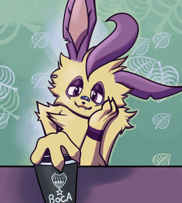 ambiguous_gender anthro band-aid band-aid_on_face band-aid_on_nose bandage bandage_on_face bandage_on_nose container cup fur half-closed_eyes holding_container holding_cup holding_object narrowed_eyes purple_body simple_background smile solo yellow_body joalmidon argentine_primera_division boca_juniors nintendo pokemon danette_(character) eeveelution generation_4_pokemon leafeon pokemon_(species) absurd_res hi_res