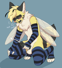 antennae_(anatomy) anthro arm_warmers armwear arthropod_abdomen balls biped black_arm_warmers black_armwear black_clothing black_leg_warmers black_legwear black_penis black_sclera black_thigh_highs blonde_hair blue_arm_warmers blue_armwear blue_background blue_clothing blue_leg_warmers blue_legwear blue_thigh_highs blush bodily_fluids breath clothing cum cumshot digitigrade ejaculation erection facial_markings fur genital_fluids genitals hair half-closed_eyes head_markings humanoid_genitalia humanoid_penis insect_wings kneeling leg_warmers legwear male markings mask_(marking) masturbation multicolored_arm_warmers multicolored_armwear multicolored_clothing multicolored_leg_warmers multicolored_legwear multicolored_thigh_highs narrowed_eyes neck_tuft open_mouth panting pattern_arm_warmers pattern_armwear pattern_clothing pattern_leg_warmers pattern_legwear pattern_thigh_highs paws penile penile_masturbation penis simple_background solo striped_arm_warmers striped_armwear striped_clothing striped_leg_warmers striped_legwear striped_thigh_highs stripes thigh_highs tuft two_tone_arm_warmers two_tone_armwear two_tone_clothing two_tone_leg_warmers two_tone_legwear two_tone_thigh_highs white_eyes wings yellow_body yellow_fur 6my arturo_(kotarain) arthropod bee domestic_cat felid feline felis hybrid hymenopteran insect mammal 2025 hi_res