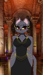 anthro clothed clothing dress ear_piercing female gold_(metal) hair jewelry piercing solo tail naawadeer hollow_hip_backless_chain_dress domestic_cat felid feline felis mammal hi_res