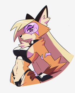 anthro arm_tuft armlet blonde_hair breasts clothing crop_top eyebrows eyelashes eyewear female fingerless_gloves fur glasses gloves gloves_(marking) hair hand_on_hip handwear inner_ear_fluff markings orange_body orange_fur shirt shoulder_tuft solo tan_body tan_fur thong topwear tuft underwear senorkah canid canine fox mammal 2026 hi_res