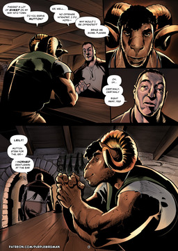 anthro arm_hair arm_scar big_muscles black_eyebrows black_hair body_hair bottomwear brown_body brown_eyes chest_hair clothed clothed_male clothing crossed_arms curly_hair dialogue duo eyebrows facial_scar green_clothing green_shirt green_topwear hair hands_together horn inside intimidation jewelry looking_at_viewer male muscular muscular_anthro muscular_male necklace night pants scar shirt smile solo speech_bubble stern_look tavern text thick_eyebrows topwear purplebirdman roshim_(purplebirdman) bovid caprine goat human mammal sheep 2023 better_version_at_source colored comic shaded url