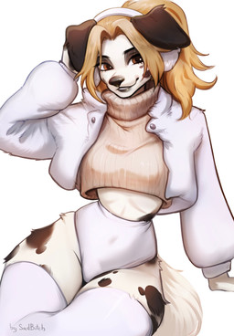 anthro blonde_hair brown_eyes female hair markings ponytail profanity smile solo spots spotted_body text winter_outfit conditional_dnp sadbitch canid canine canis domestic_dog mammal english_text hi_res