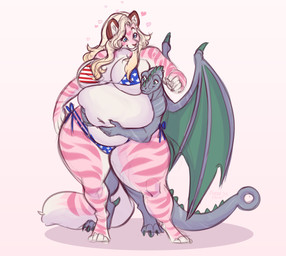 4_toes 5_fingers american_flag anthro anthro_on_anthro belly_grab big_breasts bikini blonde_hair blue_eyes breasts clothed clothing duo eyebrows eyelashes feet female fingers fur grey_body grey_fur grey_tail hair heart_symbol huge_breasts interspecies larger_female long_hair male markings membrane_(anatomy) membranous_wings multicolored_body multicolored_fur multicolored_tail overweight overweight_anthro overweight_female pink_body pink_fur pink_tail size_difference smaller_male striped_body striped_fur striped_markings striped_tail stripes swimwear tail tail_markings thick_thighs toes two-piece_swimsuit united_states_of_america white_body white_fur white_tail wings tiggybloom mythology marzipan_(tiggybloom) dragon felid mammal mythological_creature mythological_scalie pantherine scalie tiger 2025 signature