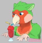 anthro beak bendy_straw beverage blue_eyes blue_straw clothed clothing drinking drinking_straw ears_down feathers feet food glass green_body green_feathers green_inner_ear_fluff grey_background inner_ear_fluff pivoted_ears red_body red_feathers simple_background solo talon_hands talons tan_beak tan_hands toes topless topless_anthro tuft yellow_straw conditional_dnp nakoo avian bird budgerigar loriinae parakeet parrot true_parrot 2020 signature