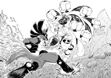 3_fingers abs action_pose angry anthro arm_tuft armwear athletic aura battle biceps big_breasts biped black_body black_claws black_fur black_nose black_sclera breasts bridal_gauntlets butt cheek_tuft chest_tuft claws clothed clothed/nude clothing countershade_torso countershading curvy_figure deltoids double_tomoe duo ears_back ears_up facial_markings facial_tuft female fight fingers fist fur fur_markings grass head_markings ink jumping larger_female leg_markings logo long_ears long_tale looking_at_another looking_down looking_up male markings mask_(marking) motion_lines muscular muscular_female muscular_male navel neck_tuft nude outside paws pecs pivoted_ears plant pose punch raised_leg rock running shoulder_tuft simple_background size_difference sky smaller_male sound_effects spikes spread_legs spreading thick_thighs thigh_markings tomoe_(symbol) triceps tuft tuft_ears white_background white_body white_countershading white_fur wide_hips yin_yang trejoshurtado bandai_namco digimon nintendo pokemon digimon_(species) generation_4_pokemon generation_5_pokemon golurk lucario pokemon_(species) renamon absurd_res black_and_white comic crossover greyscale hi_res monochrome shaded