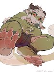 4_toes against_surface anthro barefoot claws clothed clothing feet foot_focus green_body green_scales hair kemono male on_glass red_eyes scales simple_background soles solo tail toe_claws toes topless white_background white_hair glacier_up_sun mythology dragon mythological_creature mythological_scalie scalie hi_res