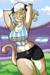 2012 anthro argentina argentine big_breasts biped blonde_hair blue_eyes breasts cleavage clothed clothing cougar curvy_figure digital_media_(artwork) felid feline female fifa flag grass hair hi_res jaeh long_hair looking_at_viewer mammal midriff plant smile soccer solo sport stadium standing tail voluptuous wide_hips