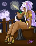 alcohol beverage big_breasts big_butt blue_eyes breasts brown_body brown_skin butt clothed clothing dress ear_piercing female fireworks footwear hair high_heels holidays huge_breasts light_hair looking_at_viewer not_furry piercing purple_hair shoes smile solo krocialblack new_year new_year_2022 new_years_eve eirene_(krocialblack) domestic_cat felid feline felis humanoid mammal 2022 absurd_res digital_media_(artwork) hi_res