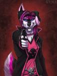 anthro blue_eyes blue_sclera canid canine chest_tuft clothing collar devanea female fur gun hair handgun holding_gun holding_object holding_ranged_weapon holding_weapon kyma looking_at_viewer mammal pistol pupils ranged_weapon skull_and_crossbones slit_pupils sneer solo spolf tuft weapon