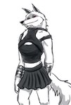 anthro armband bottomwear clothed clothing crossdressing facial_markings fashion fluffy fluffy_tail grin head_markings male markings mask_(marking) pointy_ears prick_ears red_eyes shirt skirt smile smirk smug solo standing tail topwear ultimatellurker dreamworks puss_in_boots_(franchise) death_(puss_in_boots) canid canine canis mammal wolf hi_res