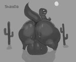 absurd_res anthro balls big_balls big_butt black_body bodily_fluids butt cactus digital_media_(artwork) digital_painting_(artwork) dinosaur dinosaur_(google_chrome) genitals google google_chrome hi_res huge_balls huge_butt hyper hyper_balls hyper_butt hyper_genitalia looking_at_viewer looking_back male musk_cloud plant prehistoric_species reptile scalie shaded shayda solo sweat sweaty_butt tail