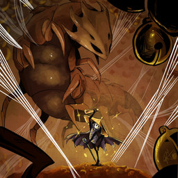 ambiguous_gender anthro bell biped black_arms black_eyes black_legs clothing duo empty_eyes feral larger_ambiguous multi_eye pose quadruped size_difference smaller_ambiguous sparkles standing thread bebbytebby hollow_knight:_silksong hollow_knight_(franchise) team_cherry bell_beast sherma_(hollow_knight:_silksong) arthropod 1:1 2025 female_(lore) male_(lore)