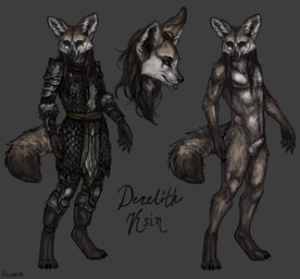 animal_genitalia anthro armor armor_plates balls clothing digitigrade genitals hair male sheath simple_background solo tail greennie canid canine fennec_fox fox mammal true_fox 2023 absurd_res hi_res model_sheet signature tagme