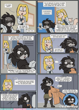 anthro asylum bottomwear clothed clothing diaper diaper_under_clothing diaper_under_skirt duo female female/female hospital medical skirt text wearing_diaper the_padded_room esmeralda_kingsley ludivine_laminelle canid canine mammal procyonid raccoon absurd_res comic english_text hi_res