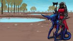 ambiguous_gender armor axe black_collar blue_body blue_skin blue_sky breasts collar duo eyeless female female_humanoid feral headgear helmet holding_leash holding_melee_weapon holding_object holding_weapon horn horned_helmet leash melee_weapon mount outside plant riding riding_on_back rock serpentine sharp_teeth sky teeth tree water weapon meandraco alien humanoid monster monstrous_humanoid 16:9 hi_res widescreen