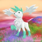 ambiguous_gender detailed_background feral field flower fur green_eyes green_hair hair looking_at_viewer low-angle_view meadow outside plant sky smile solo sparkles sunset text white_body white_fur the_frosty_chemist nintendo pokemon generation_4_pokemon legendary_pokemon mammal pokemon_(species) shaymin shiny_pokemon sky_forme_shaymin 1:1 absurd_res english_text hi_res