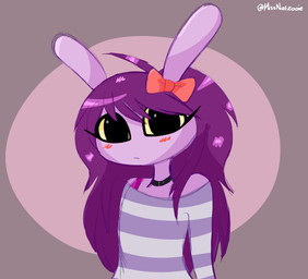 accessory ahoge anthro big_ears big_eyes black_choker black_jewelry black_necklace blush bow_ribbon brown_background choker clothing female fur grey_clothing grey_shirt grey_topwear hair hair_accessory hair_bow hair_ribbon jewelry long_hair looking_at_viewer necklace off-shoulder_top purple_body purple_fur purple_hair ribbons shirt simple_background solo topwear missnatzooie glitch_productions the_amazing_digital_circus gooseworx's_post-transition_jax_design jax_(tadc) lagomorph leporid mammal rabbit 2026 absurd_res digital_drawing_(artwork) digital_media_(artwork) english_description hi_res trans_(lore) trans_woman_(lore)