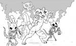 animated_skeleton anthro bone claws cooking_pot female flat_chested genitals group horn kobold lamp lantern monochrome nude pussy scalie skeleton sorc undead