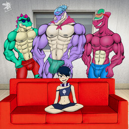 abs anthro beard biceps blush bodily_fluids bulge deltoids eyewear facial_hair femboy furniture group male male/male muscular muscular_male navel nipples on_sofa pecs saliva sitting sitting_on_sofa size_difference sofa sunglasses trio window nazuranoke brawl_stars piper_perri_surrounded supercell_(company) buzz_(brawl_stars) doug_(brawl_stars) edgar_(brawl_stars) pierce_(brawl_stars) dinosaur human lizard mammal prehistoric_species reptile scalie 1:1 absurd_res hi_res meme watermark