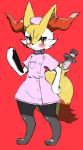 absurd_res anthro barefoot black_body black_fur blush braixen canid canine chiji clothed clothing dress feet female flat_chested fur generation_6_pokemon hand_on_hip hat headgear headwear hi_res holding_object inner_ear_fluff mammal medical_instrument medical_syringe nintendo nurse nurse_clothing nurse_dress pokemon pokemon_(species) red_background red_eyes scientific_instrument simple_background solo syringe tuft white_body white_fur yellow_body yellow_fur
