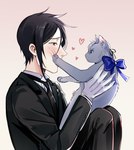 alternate_species ambiguous_gender black_hair blep blush bow_ribbon clothing duo feral feralized fur furrification gloves grey_body grey_fur hair handwear heart_symbol male necktie pale_skin scratches scratching suit tongue tongue_out uneasywolf black_butler ciel_phantomhive sebastian_michaelis domestic_cat felid feline felis human mammal absurd_res hi_res