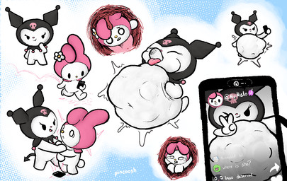 abdominal_bulge anthro belly big_belly bodily_fluids casual_vore cellphone cruel_pred cruelty crying duo electronics eyelashes female female/female gesture hand_gesture huge_belly internal livestream navel one_eye_closed oral_vore phone pointed_tail same_size_vore smartphone social_media tears tongue tongue_out v_sign vore wink pincoosh onegai_my_melody sanrio kuromi my_melody digital_media_(artwork) signature