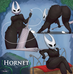 action_pose anthro bench big_breasts big_butt black_body breasts butt crossed_legs female genitals leaf melee_weapon multiple_poses nipples nude nude_female on_bench polearm pose purple_nipples sitting sitting_on_bench solo spear vulva weapon mvikt hollow_knight_(franchise) team_cherry hornet_(hollow_knight) arachnid arthropod spider digital_media_(artwork) hi_res