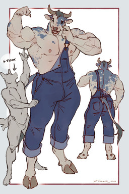 2_horns 4_fingers 5_fingers anthro biceps big_muscles biped blue_body blue_clothing blue_overalls border bottomwear bovid_horn bovine_horn claws clothed clothed_anthro clothed_male clothing dewclaw_hooves duo eyebrows finger_claws fingers flexing flexing_bicep flexing_muscles front_view furgonomic_bottomwear furgonomics green_eyes green_hair green_tail_tuft hair head_horn height_comparison hooves horn larger_anthro larger_male looking_at_self male mottled mottled_arms mottled_body mottled_head mottled_tail mottled_torso multiple_angles muscular muscular_anthro muscular_male nipples open_mouth overalls pockets pose pupils rear_view scratching_cheek silhouette simple_background size_difference smaller_anthro snout solo_focus standing tail tail_tuft tan_body teal_border teeth text tongue_showing tuft unguligrade white_background white_sclera taran_fiddler hercule_(diarmaidhutchence) belgian_blue bovid bovine cattle mammal 2025 artist_name dated digital_drawing_(artwork) digital_media_(artwork) english_text full-length_portrait hi_res portrait