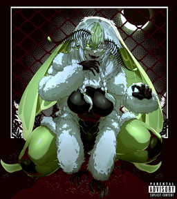 4_arms antennae_(anatomy) armor black_sclera blush bodily_fluids braided_hair breasts clothing crouching cute_fangs drooling exoskeleton fangs female fur green_blush green_eyes green_hair hair legwear moon multi_arm multi_limb multicolored_hair one_eye_closed saliva solo teeth thigh_highs white_body white_hair white_skin egocider vtuber juniper_actias animal_humanoid arthropod arthropod_humanoid humanoid insect insect_humanoid lepidopteran lepidopteran_humanoid moth moth_humanoid 2025 absurd_res hi_res