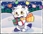 2_horns 3_fingers ambiguous_gender christmas_lights facial_horn fingers gift happy holding_object holidays horn markings nose_horn open_mouth open_smile plant red_markings scarf semi-anthro smile snow solo tail tree white_body white_skin yellow_eyes emeowth bandai_namco christmas digimon digimon_ghost_game ceratopsian digimon_(species) dinosaur gammamon ornithischian prehistoric_species reptile scalie triceratops