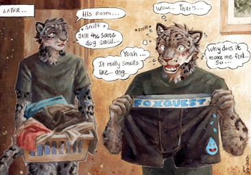 anthro biped blue_eyes blush bodily_fluids boxer_briefs clothed clothed_anthro clothed_male clothing dialogue fangs fully_clothed fully_clothed_anthro fully_clothed_male fur grey_body grey_fur holding_clothing holding_object holding_underwear laundry laundry_basket leopard_spots male male_anthro markings sniffing solo speech_bubble spots spotted_body spotted_fur standing sweat teeth text thought_bubble underwear whiskers wide_eyed akatan_art felid mammal pantherine snow_leopard 2026 comic english_text hi_res multiple_scenes